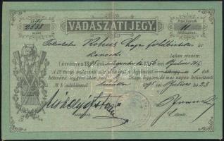 1895 Nógrádkövesd, vadászati jegy 1895. augusztus 1.-től 1896. július 31-ig, Kohuth Lajos földbirtokos részére, hajtásnyommal, pecséttel.