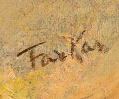 Farkas jelzéssel: Tájkép piros alakokkal. Olaj, vászon, foltos,  46×55 cm