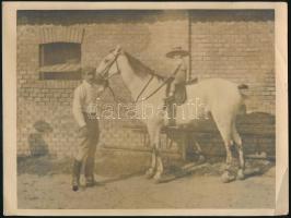 cca 1910 Kisgyerek lovon, fotó, az egyik sarkán törésnyommal, a szélén kis szakadással, 18x24 cm