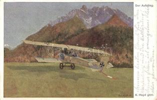 Der Aufstieg. Kriegshilfsbüro Nr. 503. / WWI German and Austro-Hungarian K.u.K. military art postcard, German biplane aircraft ascents s: K. Hayd (EK)