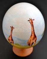 Díszes, festett strucctojás, fa talapzaton, m: 20 cm