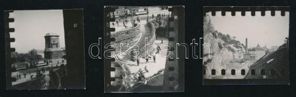 cca 1930 Budapest, Gellért-hegy és környéke: Erzsébet híd, villamos, fürdők, hátuljukon feliratozva, 4×4 cm