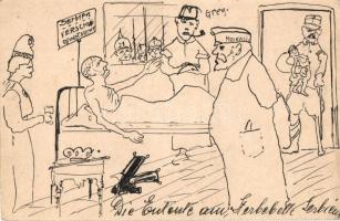 Die Entente am Sterbebette Serbien / Entente Powers at the deathbed of Serbia WWI Austro-Hungarian K.u.K. military, field post with hand-drawn Anti-Entente mocking caricature (EK)