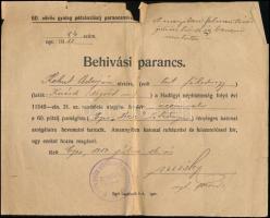 1919 Eger, 60. vörös gyalog pótzászlóalj parancsnokságának behívási parancsa, 1919. július 16., pecséttel, aláírással, szakadással, hajtásnyommal.