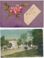 4 db régi motívumlap, hölgyek és üdvözlőlapok, közte 1 Tamási városképes lap / 4 pre-1945 motive cards, greeting cards and ladies, among them 1 Hungarian town-view postcard