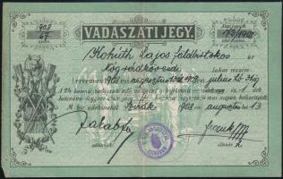 1908 Nógrádkövesd, vadászati jegy, Kohuth Lajos földbirtokos részére, hajtásnyommal, pecséttel.
