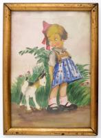 Thúróczy Mihály (?-?): Kislány a gidával. Akvarell, papír, üvegezett keretben, 29×20 cm