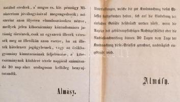 1852 Hirdetmény a bélyegilleték tárgyában magyar és német nyelven / Announcement about the stamp tar...
