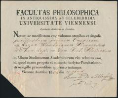 1836 A Bécsi egyetem filozófia tanszékének igazolása Johannies de Lichtenfeld aláírásával / VIenna university document