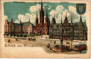 4 db régi külföldi városképes lap, rajta villamos, gőzmozdony / 4 pre-1945 European town-view postcards: Wiesbaden, Utrecht, Basel, Valkenburg; tram, locomotive