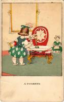 Fogkefe. Egy jó kislány viselt dolgai I. sorozat 1. szám / Toothbrush. Hungarian art postcard s: Kozma Lajos (fa)