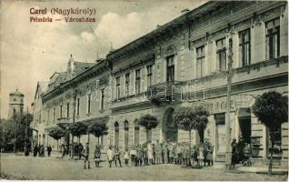 Nagykároly, Carei; Primaria, Farmacie / Városháza, Gyógyszertár, üzletek. Kiadja a Taub hírlapiroda / town hall, pharmacy, shops + 1940 Nagykároly visszatért So. Stpl. (EK)