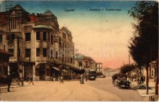 1916 Budapest IV. Újpest, Árpád út, villamos, faszállítás lovaskocsival (EK)