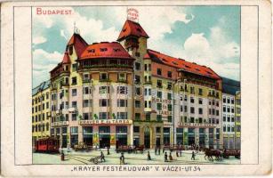 Budapest XIII. Krayer E. és Társa Festékudvar, villamos. Váci út 34. litho (Hátoldalon: Üdvözlet a Tavaszi vásárról!) (kopott sarkak / worn corners)