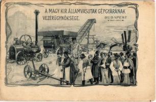 Budapest V. A Magyar Királyi Államvasutak Gépgyárának Vezérügynöksége. Váci körút. Art Nouveau reklámlap cséplőgéppel. Czettel és Deutsch / Machine factory of the Hungarian State Railways, advertisement  (EM)