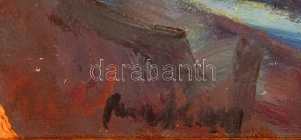 Makay József (1919-1979): Kertben, olaj, farost, jelzett, kis sérüléssel, fa keretben, 40×60 cm