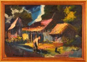 Makay József (1919-1979): Kertben, olaj, farost, jelzett, kis sérüléssel, fa keretben, 40×60 cm