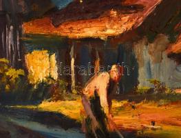 Makay József (1919-1979): Kertben, olaj, farost, jelzett, kis sérüléssel, fa keretben, 40×60 cm