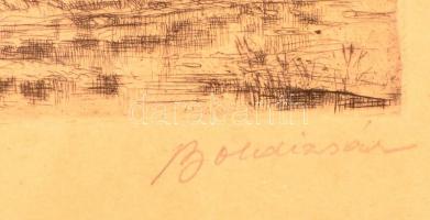 Boldizsár István (1897-1984): Faluhatár. Rézkarc, papír, jelzett, üvegezett keretben, 12×31 cm