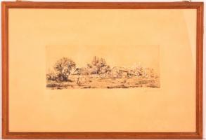 Boldizsár István (1897-1984): Faluhatár. Rézkarc, papír, jelzett, üvegezett keretben, 12×31 cm