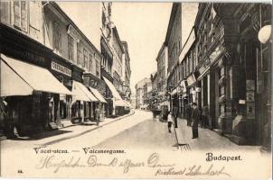 1905 Budapest V. Váci utca, Obermeier J., Seefehlner és Oberbauer A. üzletei, sorsjáték üzlet, Emeleti üzlethelyiségek kiadók tábla