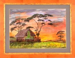 Illés Krisztina (1969- ): Afrikai fák alatt, akril, farost, jelzett a hátoldalon, paszpartuban, fa k...