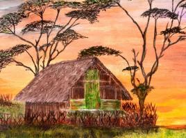 Illés Krisztina (1969- ): Afrikai fák alatt, akril, farost, jelzett a hátoldalon, paszpartuban, fa k...