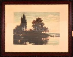 Paulovits Pál (1892-1975): Alkonyat. Színezett rézkarc, papír, jelzett, üvegezett sérült keretben, 2...