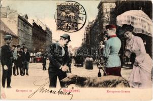 1906 Budapest VIII. Rákóczi út (Kerepesi út), Lakos Lajos gyárraktára, villamosok. Montázslap esernyős hölggyel, agárral, cigire gyújtó katonával. TCV card (EK)
