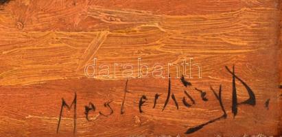 Mesterházy Dénes (?-?): Gyülekezés az itatónál, olaj, karton, jelzett, fa keretben, 24×34 cm