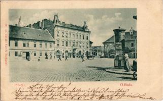 1899 Budapest III. Óbuda, Fő tér, hirdetőoszlop Dreyfus reklámmal, Gebhard József és Róth Mihály üzlete, villamos. Divald Károly 290. sz.
