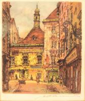 Ludwig Adamus (1912-1980): Bécsi utca részlet. Színezett rézkarc, papír, jelzett, üvegezett keretben, 17×14 cm
