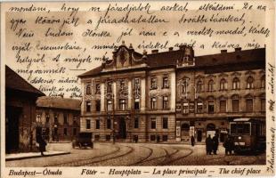 1929 Budapest III. Óbuda, Fő tér, villamos, automobil, III. Kerületi Elöljáróság, vendéglő, Gebhard József üzlete