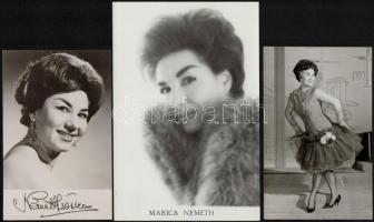 cca 1962-1963 Németh Marika (1925-1996) operett-énekesnő dedikált portréja és további két fényképe, 14x9 cm és 18x12 cm + 	 cca 1940 Lehár Ferenc (1870-1948) zeneszerző két hölgy társaságában, Rozgonyi felvétele, 12x17 cm + cca 1940 Tőkés Anna (1903-1966) színésznő albumából 3 db vintage fotó, 8,5x11,5 cm és 18x12 cm