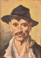 Illencz Lipót (1882-1950): Kalapos férfi portré. Olaj, karton, sérült antik keretben, 36×25 cm