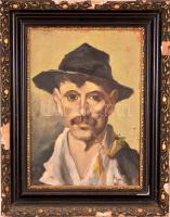 Illencz Lipót (1882-1950): Kalapos férfi portré. Olaj, karton, sérült antik keretben, 36×25 cm