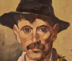Illencz Lipót (1882-1950): Kalapos férfi portré. Olaj, karton, sérült antik keretben, 36×25 cm
