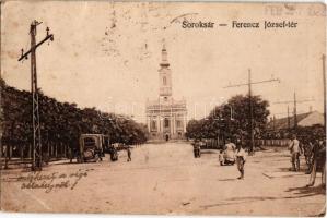 1922 Budapest XXIII. Soroksár, Ferenc József tér, automobil, templom + "Segítsetek a magyar gyermekeken / Help Hungary's Children!" bélyegzés (EK)