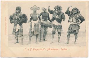 Malabar, Ind. Feuer- und Teufelstänzer / Indian folklore, traditional costumes of indigenous fire and devil dancers. I. & G. Hagenbeck. Wilhelm Hoffmann A.-G. (wet corner)