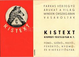 Kistext Kispesti Textilgyár Rt. reklámlapja. Budapest V. Sas utca 16. / Hungarian textile factory advertising (non PC)
