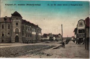 1913 Budapest XIX. Kispest, Állami munkástelep (Wekerletelep), III. sz. állami elemi iskola a Hungária úton, Kegyelet első kispesti áll. m.t. temetkezési vállalat (EB)