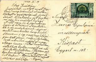 1940 Szászrégen, Reghin; bevonulás, üzletek, horogkeresztes zászlók, utcai benzintöltő állomás / ent...