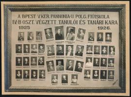 1926 Budapest, V. ker., Pannonia utcai Polgári Fiúiskola tanárai és végzett növendékei, kistabló nevesített portrékkal, kasírozva, 15x21 cm