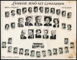 1954 Budapest, Landler Jenő Ált. Gimnázium tanárai és végzett növendékei, kistabló nevesített portrékkal, kisebb törésvonalakkal, foltos, 16,5x21 cm