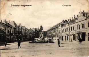 1908 Szekszárd, Garay tér és szobor, Szegzárd szálloda, cukrászda, Müller Testvérek üzlete (EK)