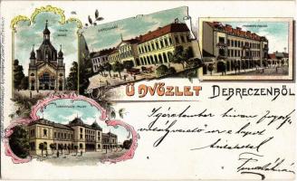 1899 Debrecen, Izraelita templom, zsinagóga, városház, Iparbank palota, Törvényszéki palota. László Albert kiadása, Art Nouveau, floral, litho (vágott / cut)