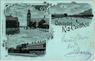 1901 Kiscell, Celldömölk; vasútállomás, templom, főtér, kiadják a Pick Testvérek; Art Nouveau, floral silver decorated litho (EK)