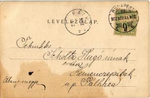 1902 Budapest VIII. Nemzeti színház bérháza, Szikszay Ferenc étterme és kávéháza, villamosok. Divald...