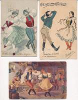 7 db régi magyar folklór és népviseletes motívumlap, közte egy 1898-as litho lap / 7 pre-1945 Hungarian folklore and traditional costumes motive cards, among them 1 litho card from 1898