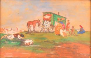 Józsa jelzéssel: Vándorlók. Akvarell, papír, üvegezett keretben, 15×25 cm